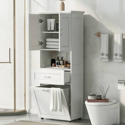 Front. ELEMENT ACE - Tall Bathroom Storage Cabinet with Laundry Basket and Adjustable Shelves for Organized Space - White.