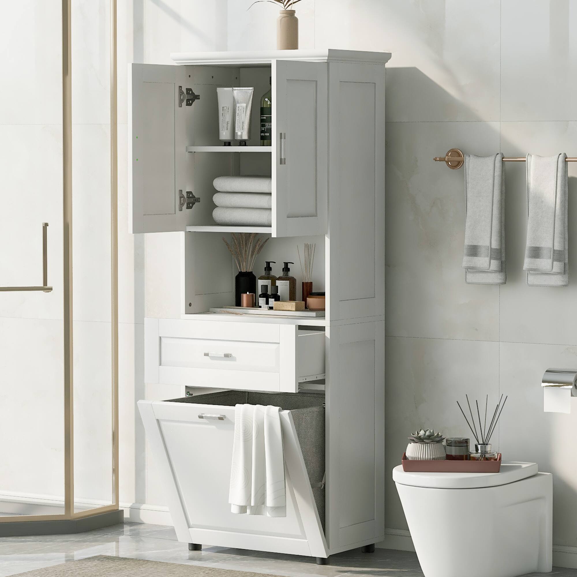 Front. ELEMENT ACE - Tall Bathroom Storage Cabinet with Laundry Basket and Adjustable Shelves for Organized Space - White.