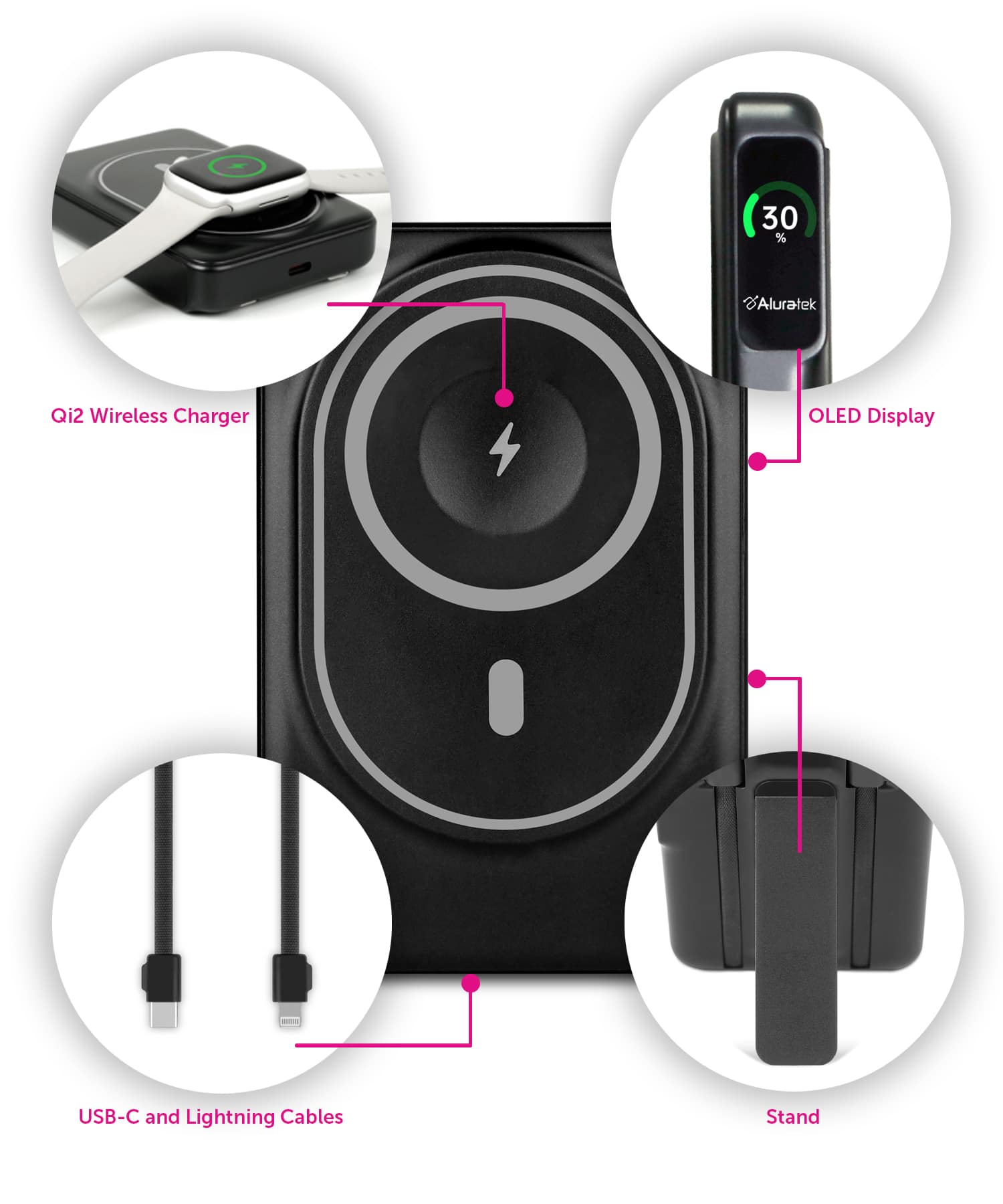 Aluratek - Wireless MagSafe/Qi2 10K Power Bank with Apple iPhone, Watch and AirPod charging, Built-in Lightning and Type-C Cables - Black - Front_Zoom