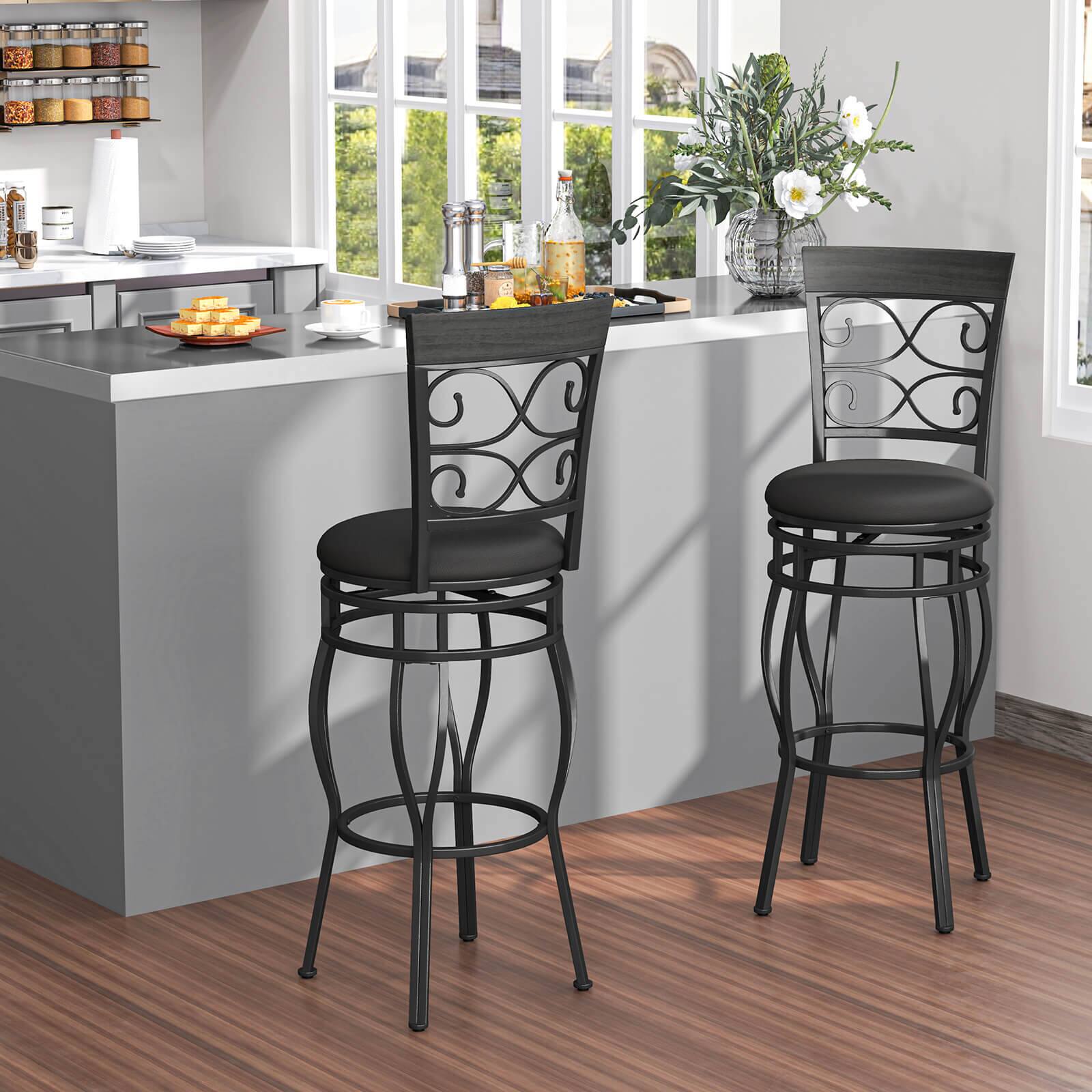 Alt View 1. Costway - Costway Set of 2 Vintage Swivel Bar Stools 30" Bistro Upholstered Dining Chairs - Black.