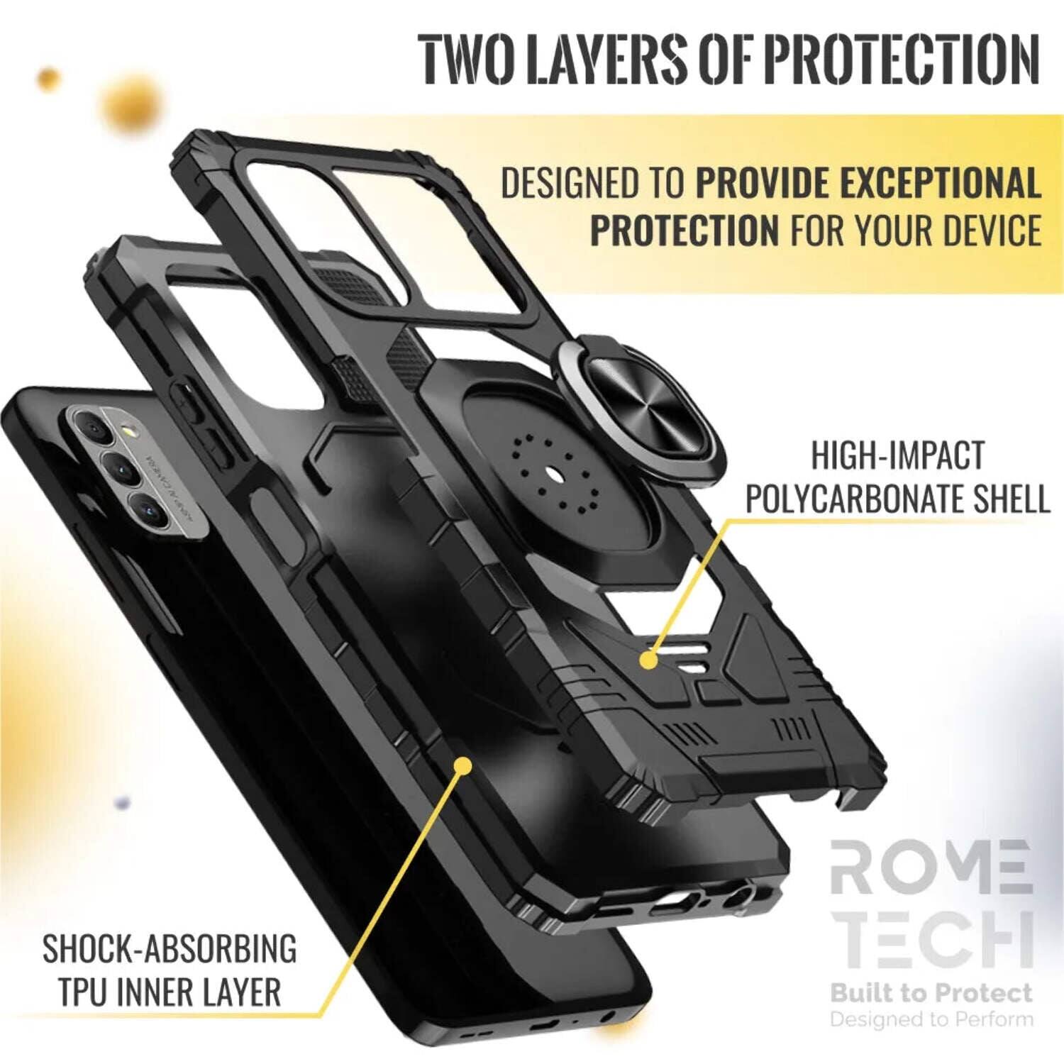 TWO LAYERS OF PROTECTION

DESIGNED TO PROVIDE EXCEPTIONAL PROTECTION FOR YOUR DEVICE

HIGH-IMPACT POLYCARBONATE SHELL

SHOCK-ABSORBING TPU INNER LAYER

ROME TECH

Built to Protect
Designed to Perform