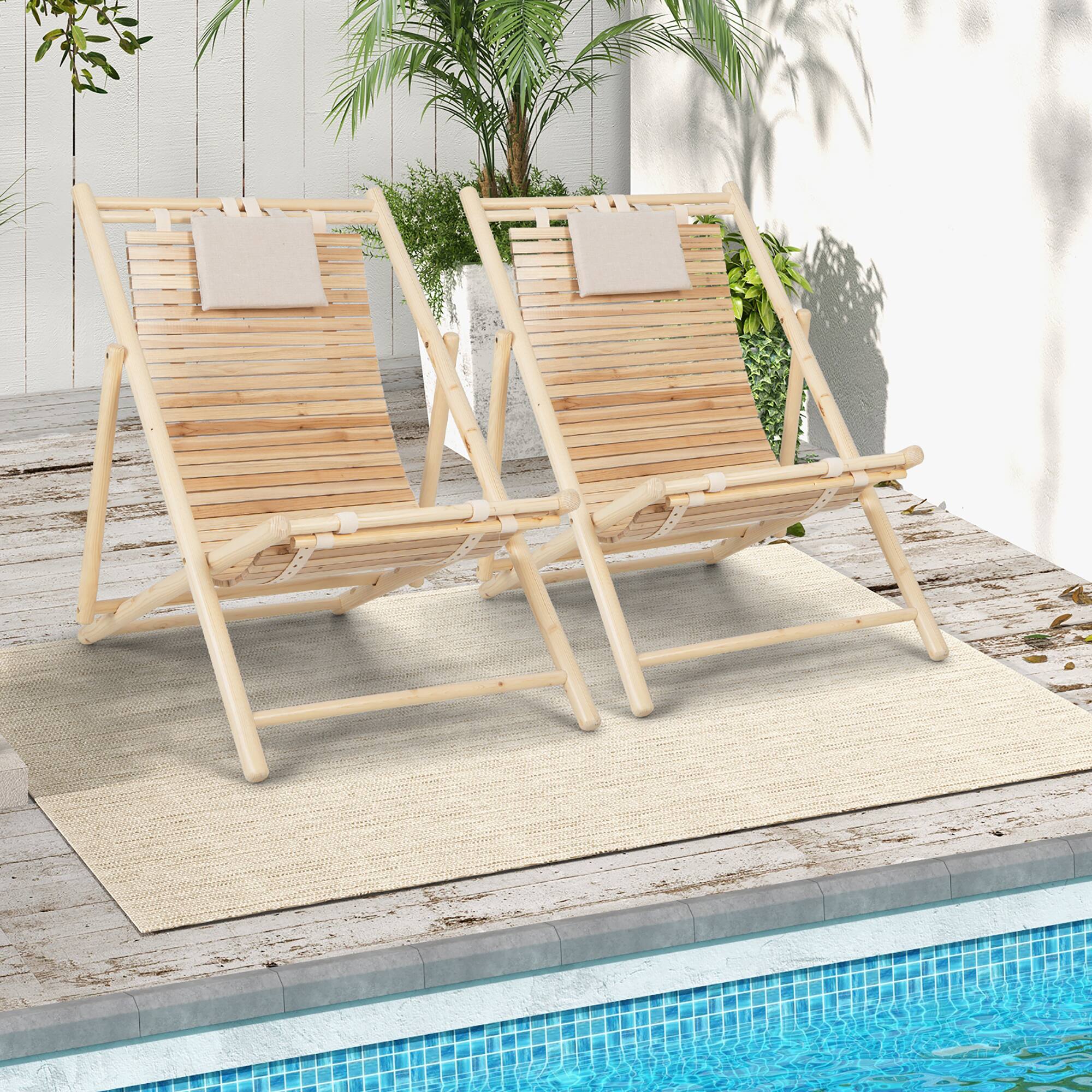 Alt View 1. Costway - Costway Patio Outdoor Adjustable Folding Wood Sling Chair Reclining Lounge Assembly Free - Natural.