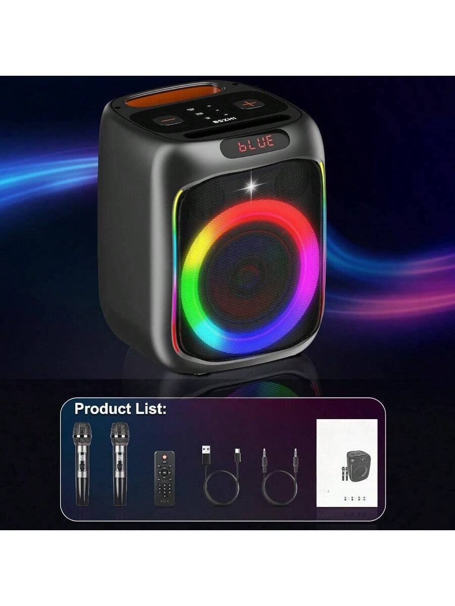 Sure, here is the corrected and grouped text from the image:

---

**Product List:**

- 2 x Microphones
- 1 x Remote Control
- 1 x USB Cable
- 1 x Power Adapter
- 1 x User Manual

---

**BLUE**