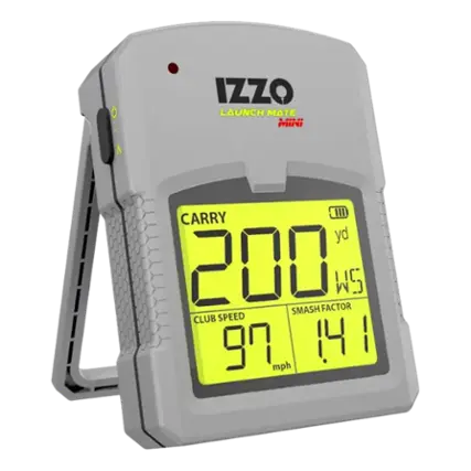 The text on the image is:
"IZZO LAUNCH MATE MINI 200 FACTOR WS SMASH CLUB SPEED 90 141 MPH"
The corrected text is:
"IZZO LAUNCH MATE MINI 200 FACTOR WS SMASH CLUB SPEED 90 141 MPH"