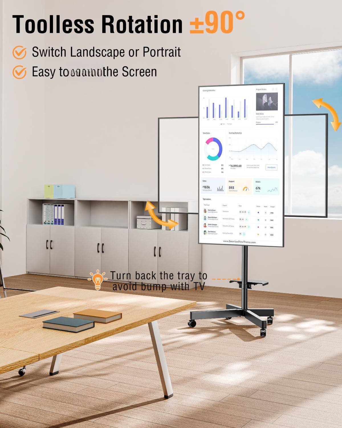 Toolless Rotation ±90°

- Switch Landscape or Portrait
- Easy to rotate the Screen

Turn back the tray to avoid bump with TV