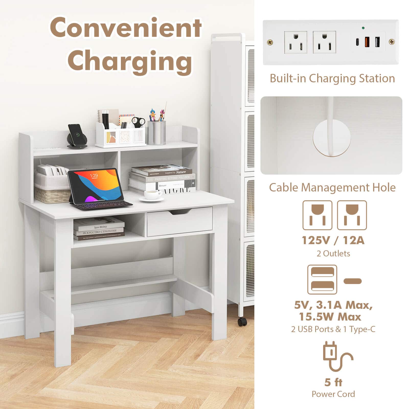 Convenient Charging: Built-in Charging Station 129 - NAcure SEYERO POLICCE NUETRS - ORT Cable Management Hole - 125V / 12A 12A 2 Outlets 5V, 3.1A Max, 15.5W Max 2 USB Ports & 1 Type-C 5 ft Power Cord