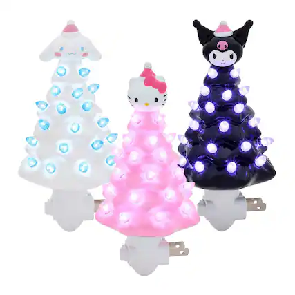 Front. Ukonic - Sanrio Characters Christmas Tree Plug-In Night Light Set Of 3 - White, Pink, Black.