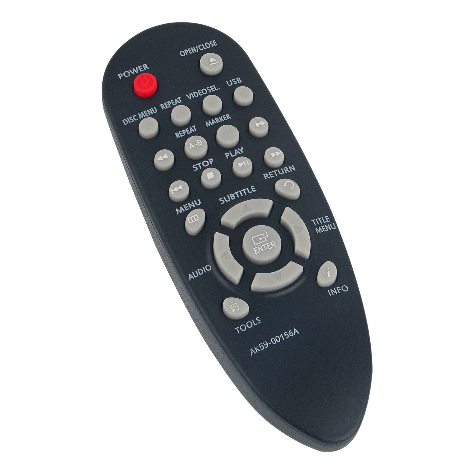 OPEN/CLOSE  
POWER  
USB  
VIDEOSEL.  
DISC MENU  
REPEAT  
MARKER  
REPEAT A-B  
PLAY  
STOP  
RETURN  
SUBTITLE MENU  
TITLE MENU  
AUDIO  
TOOLS  
AK59-00156A