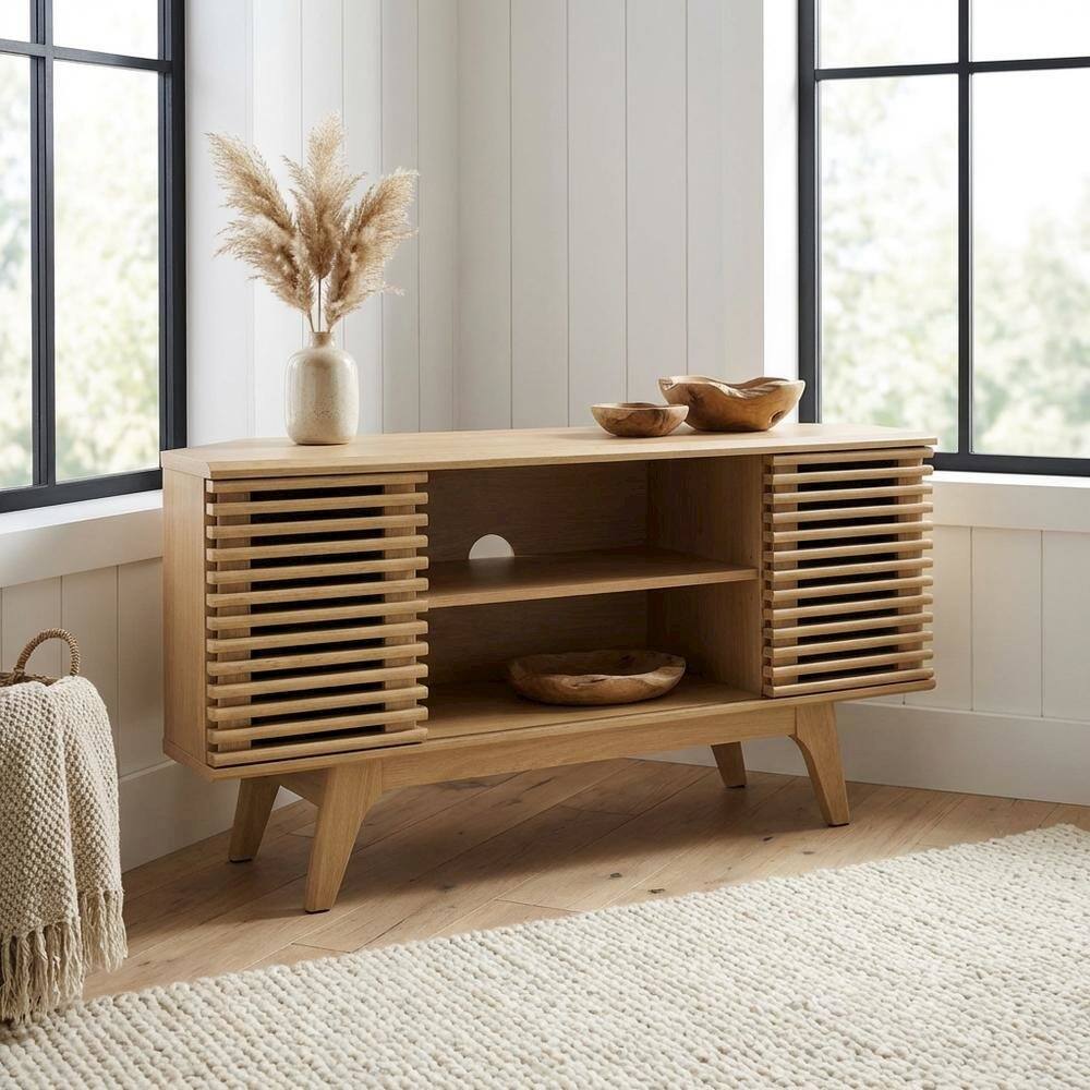 Left. FurniFact - Brown wood corner TV stand with sleek design and sturdy construction - Brown.