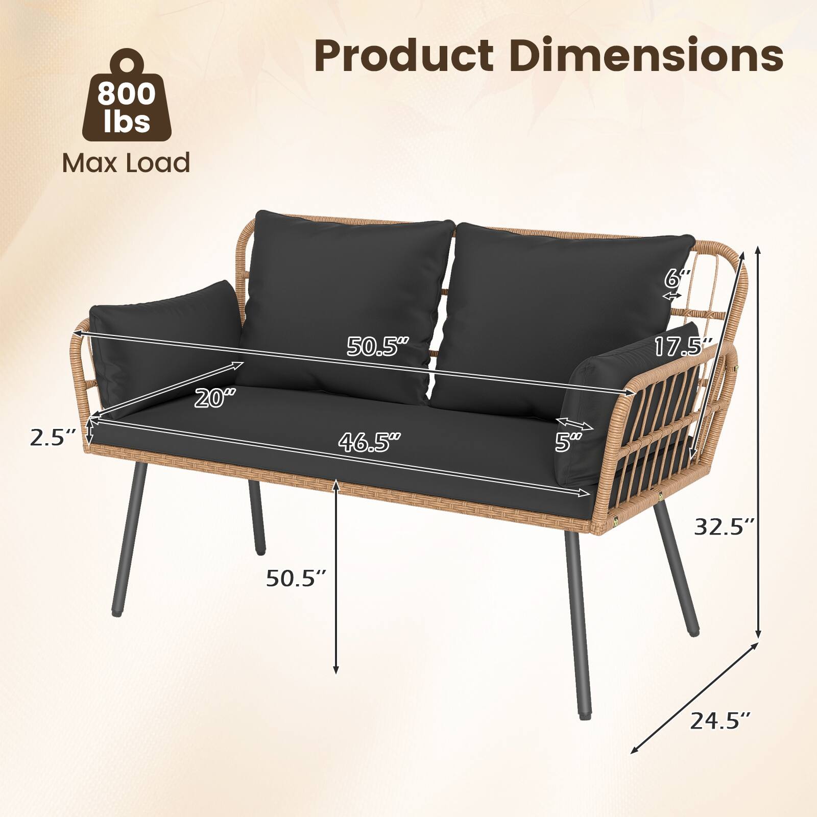 800 lbs Max Load

Product Dimensions

- 50.5" (length)
- 20" (depth)
- 17.5" (height)
- 46.5" (width)
- 2.5" (thickness)
- 32.5" (height from ground)
- 24.5" (height from ground)