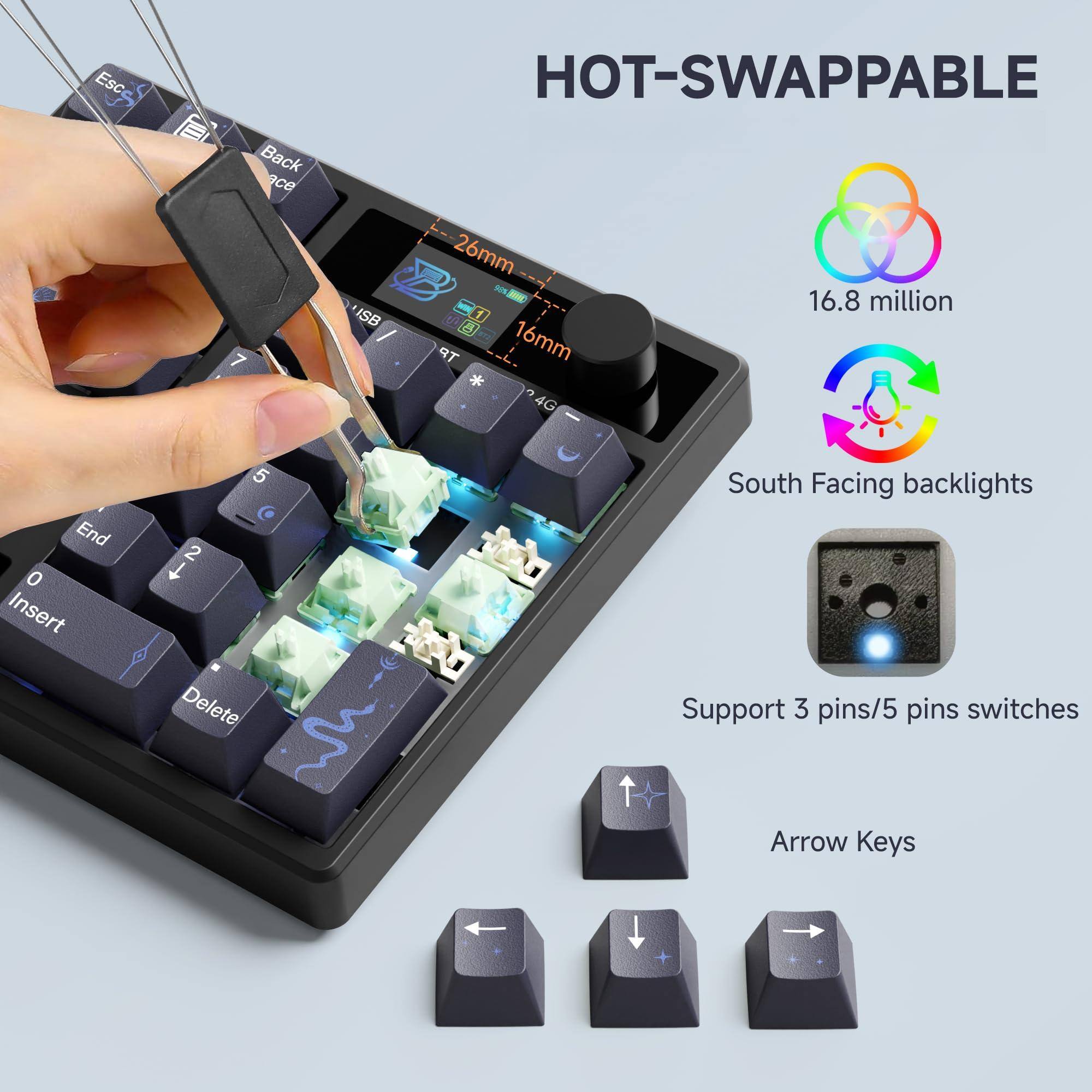 - HOT-SWAPPABLE
- 16.8 million
- South Facing backlights
- Support 3 pins/5 pins switches
- Arrow Keys
- 26mm
- 16mm
- 4G
- Backspace
- End
- Insert
- Delete