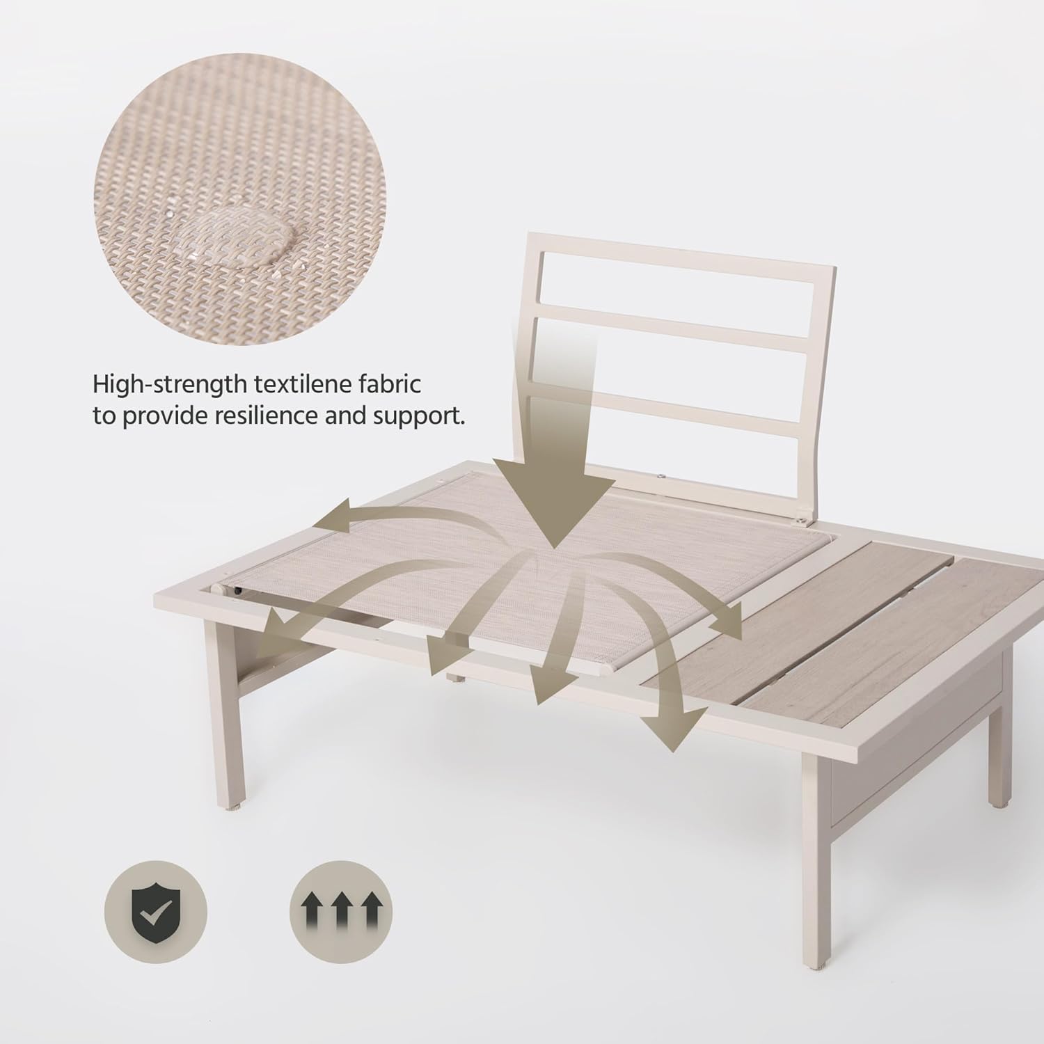 High-strength textilene fabric to provide resilience and support.