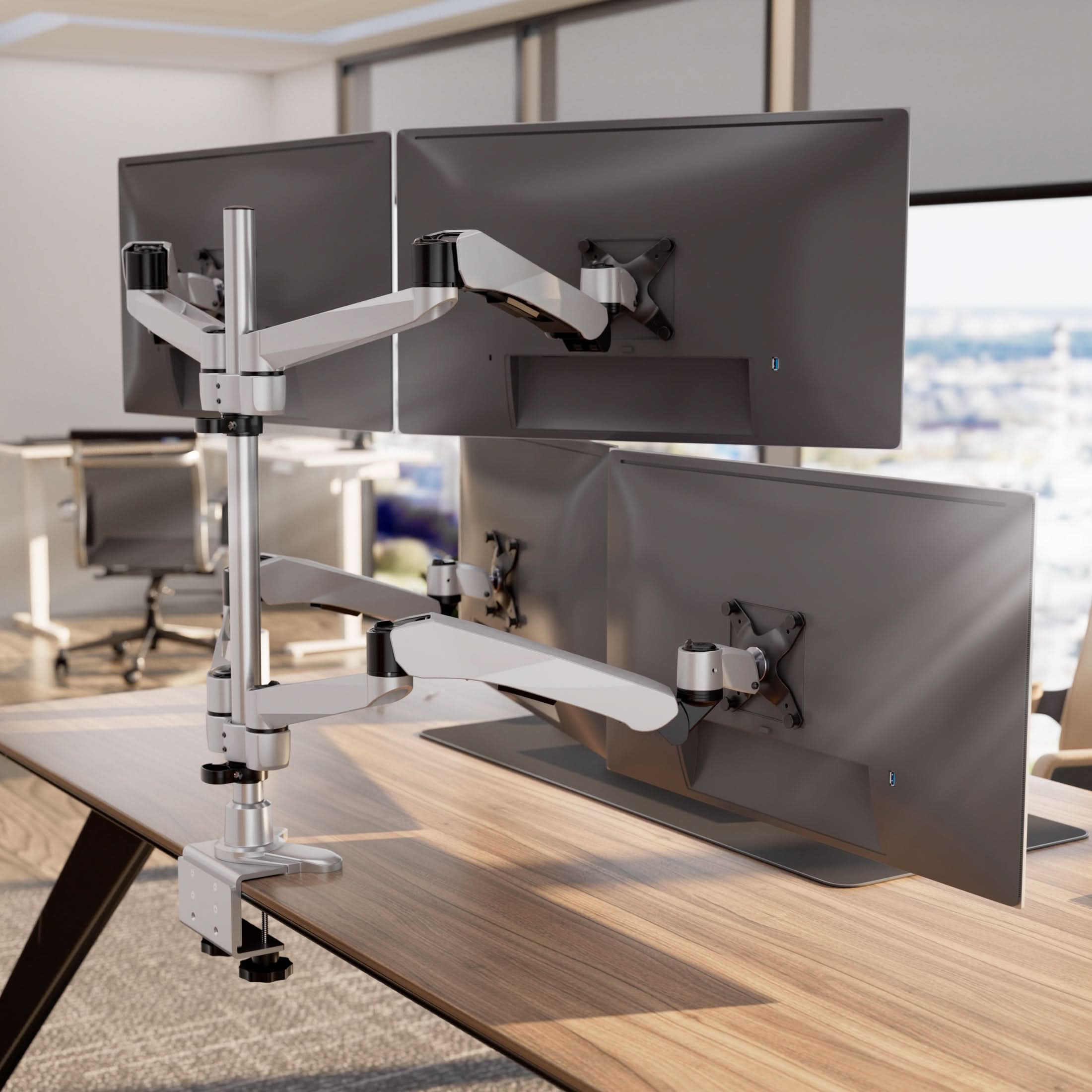 Alt View 2. Mount-It! - CLiX Series Full Motion Quad Monitor Desk Mount with Gas Spring Arms – Height‑Adjustable 4‑Screen Desk Mount - Silver.