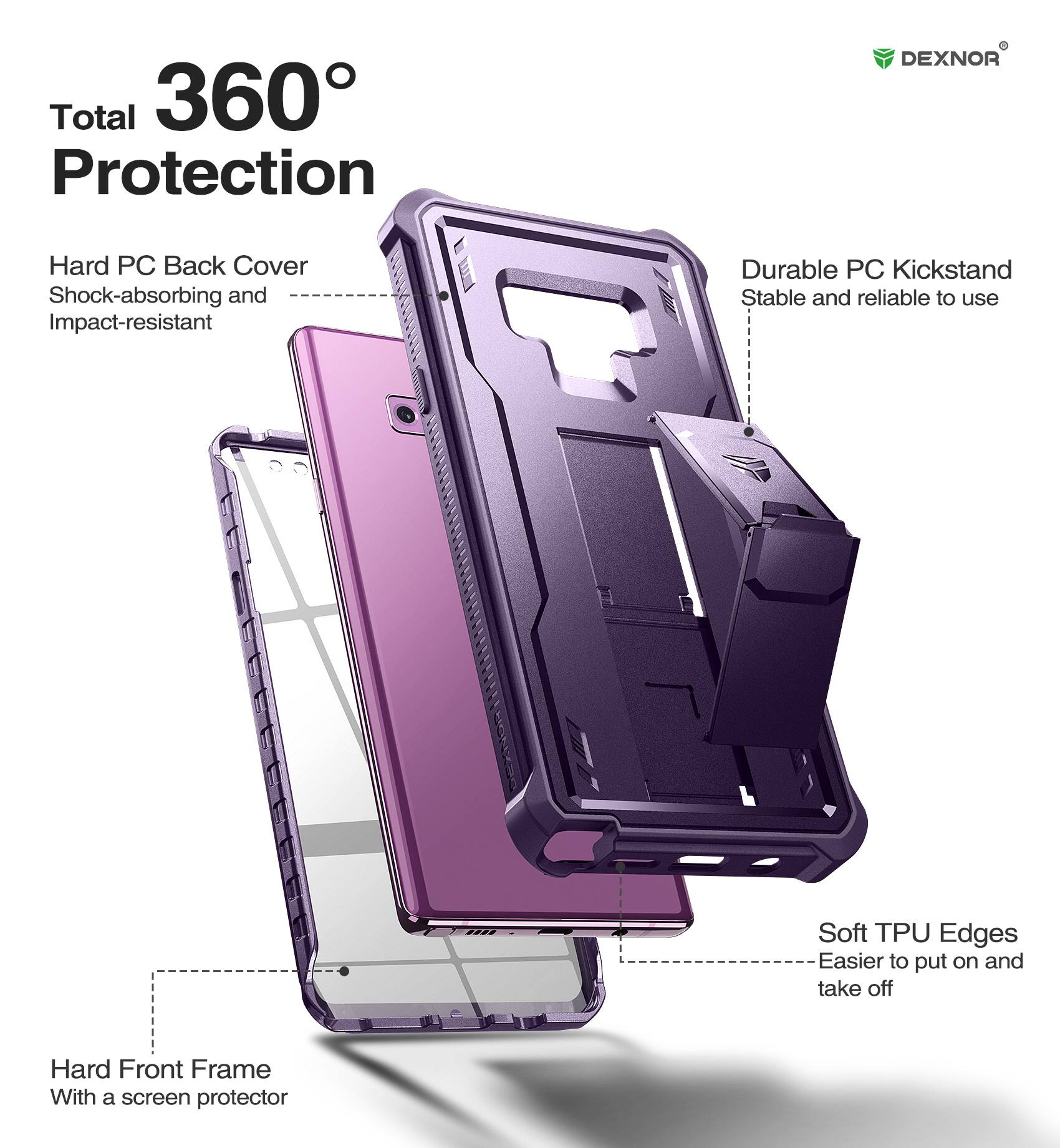 Total 360° Protection

- Hard PC Back Cover
  - Shock-absorbing and Impact-resistant

- Durable PC Kickstand
  - Stable and reliable to use

- Soft TPU Edges
  - Easier to put on and take off

- Hard Front Frame
  - With a screen protector