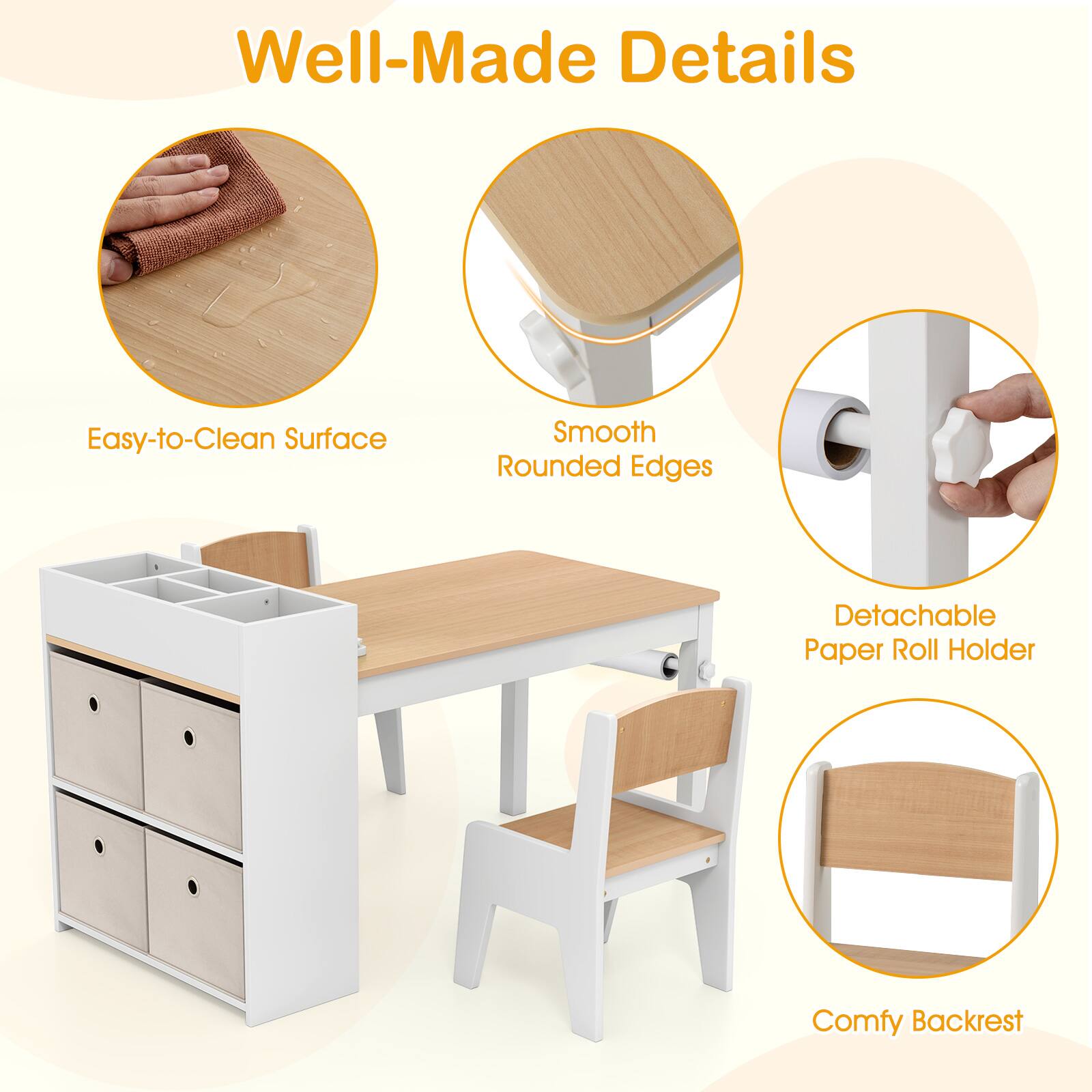 Well-Made Details  
Easy-to-Clean Surface  
Smooth Rounded Edges  
Detachable Paper Roll Holder  
Comfy Backrest