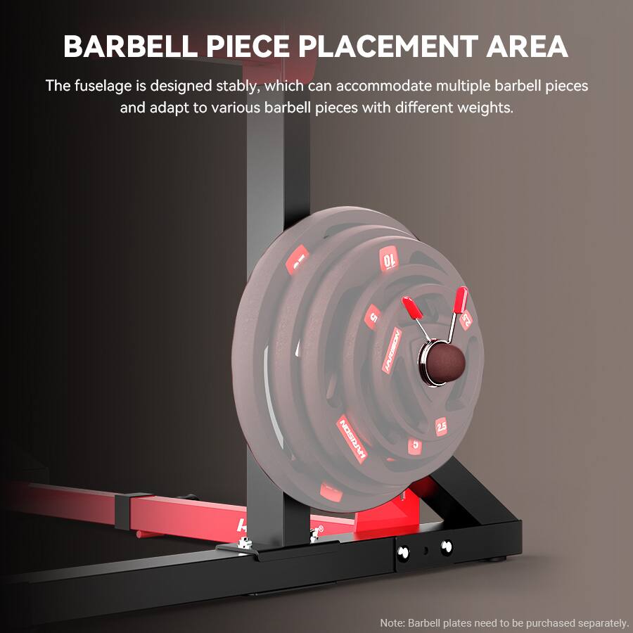 BARBELL PIECE PLACEMENT AREA

The fuselage is designed stably, which can accommodate multiple barbell pieces and adapt to various barbell pieces with different weights.

10 5 JON 2.5 NOSTAM C 2.5 A

Note: Barbell plates need to be purchased separately.
