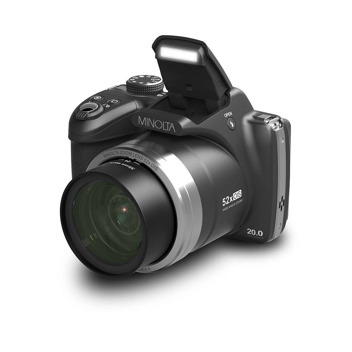 MINOLTA MINOLTA ZOOM LENS equiv 35mm 52x OIS  
OPEN  
52x OIS WIDE ANGLE 200M ANGLE  
20.0 MEGA PIXELS  
8-5.6