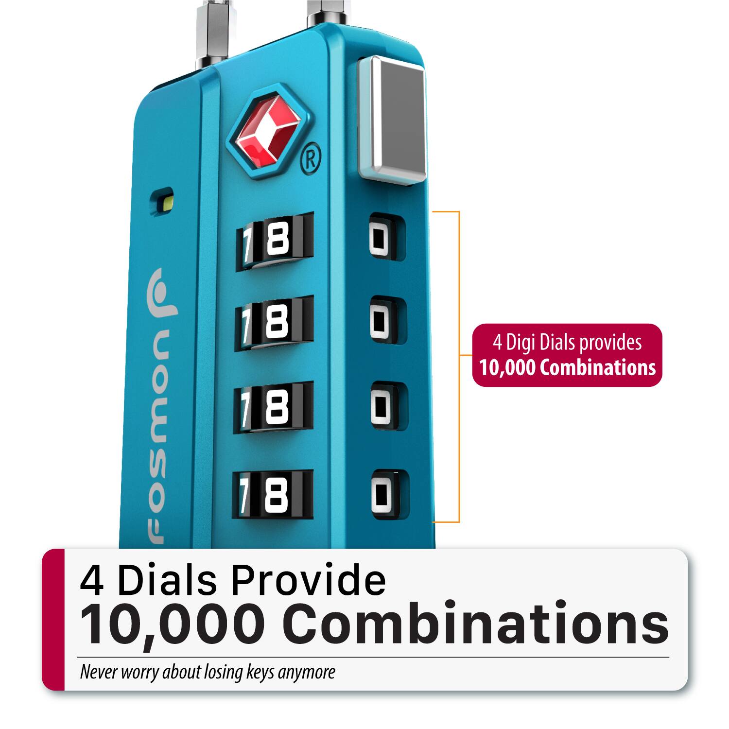 R 1 8 I 1 8 I 4 Digi Dials provides 10,000 Combinations 1 8 0 fosmon 1 8 0 4 Dials Provide 10,000 Combinations Never worry about losing keys anymore