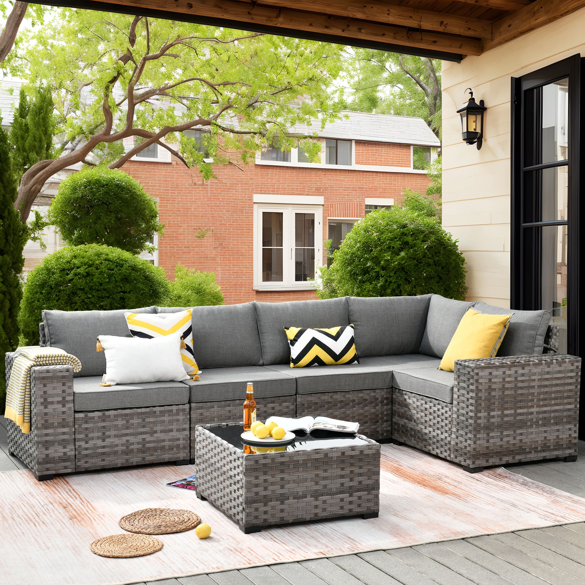 Ovios - 6 PCS Rattan Patio Furniture, Modular Sectional Sofa, Outdoor Conversation Set with Coffee Table - Dark Gray