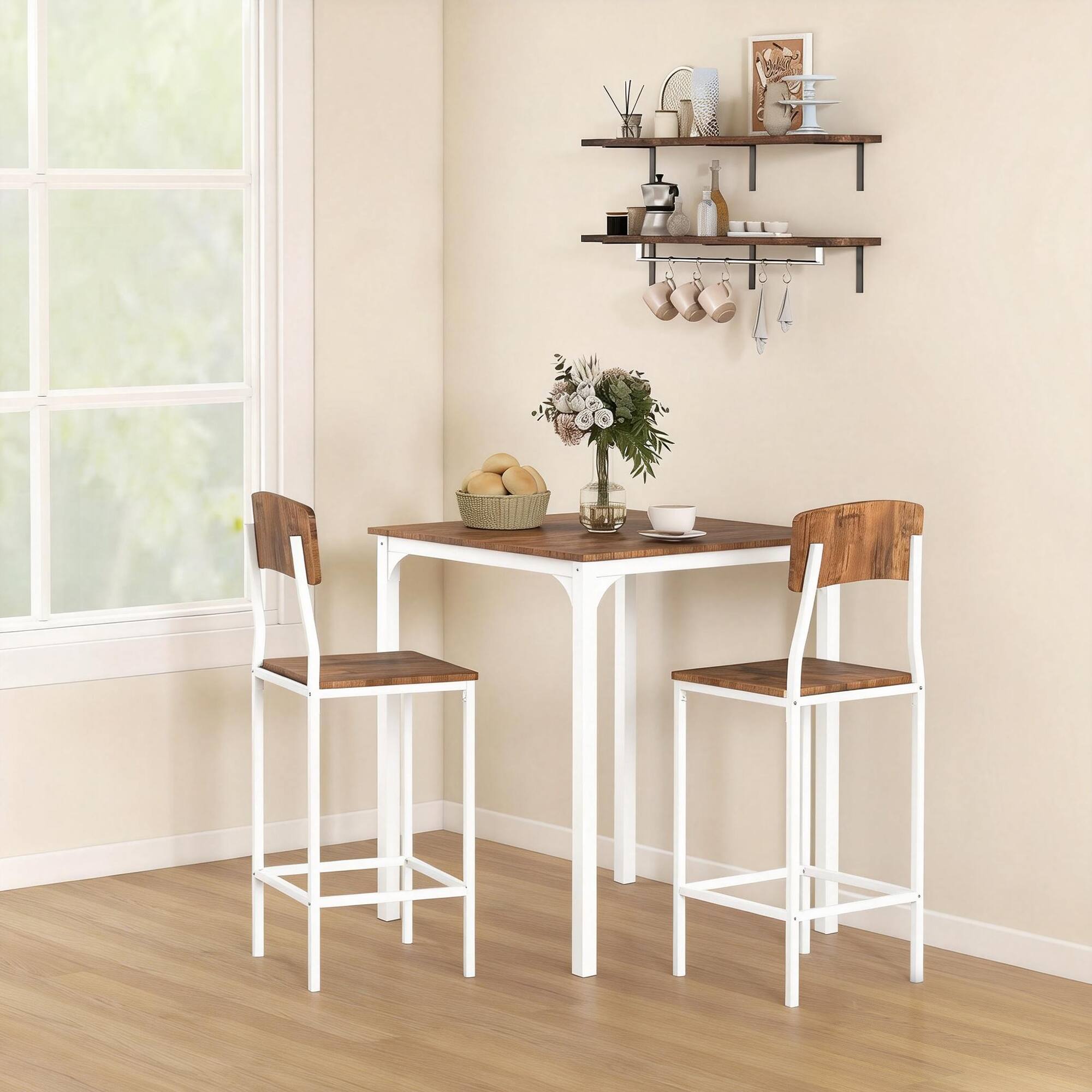 Alt View 1. Homcom - Piece Pub Table and Chairs, Small Kitchen Table and Chairs, Square Dining Table with 2 Stools - Walnut and White.