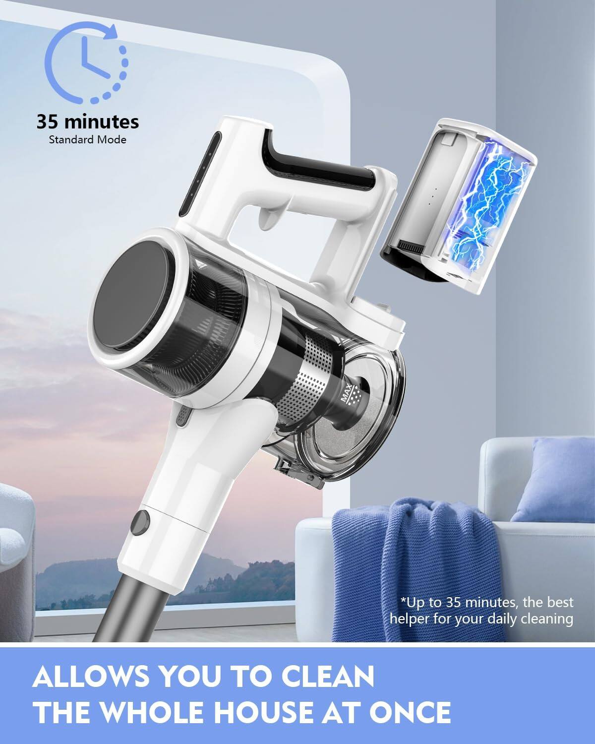 35 minutes  
Standard Mode  

*Up to 35 minutes, the best helper for your daily cleaning  

ALLOWS YOU TO CLEAN THE WHOLE HOUSE AT ONCE