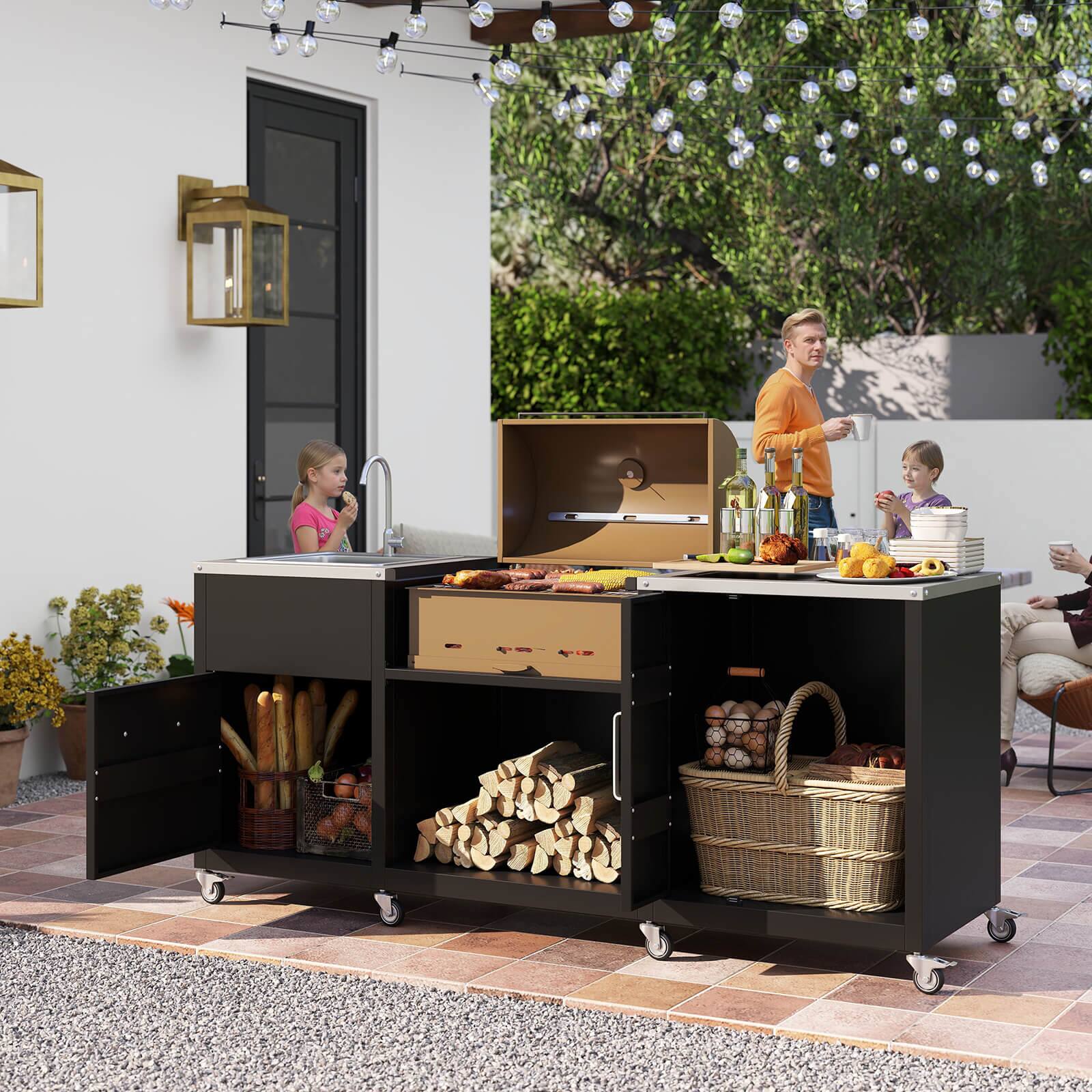 Alt View 1. Costway - Costway 80" Outdoor Grill Table with Sink Drainage Cabinet Removable Stainless Steel Top - Black.