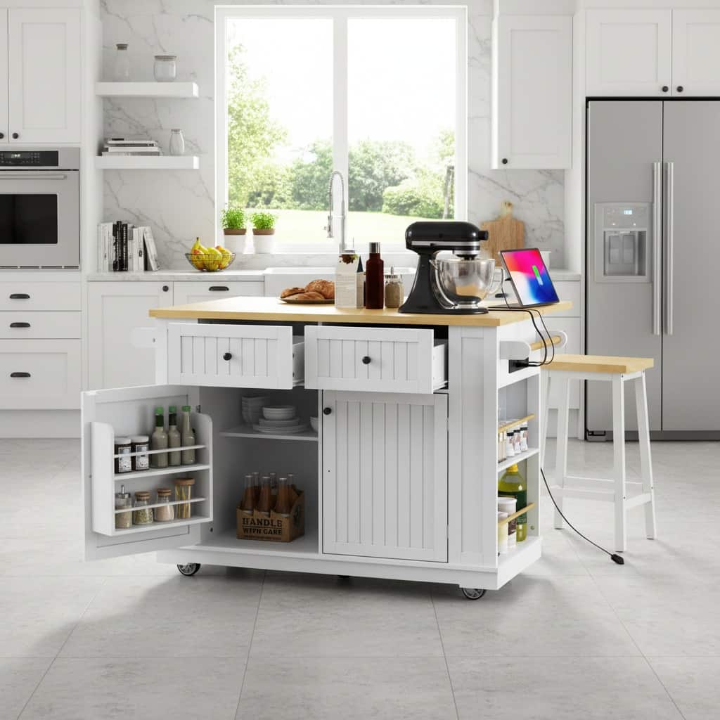 Forest'nSky - 48 inch Kitchen Island with 2 Bar Stools & Power Outlet, 5 Side Racks, 2 Drawers - White