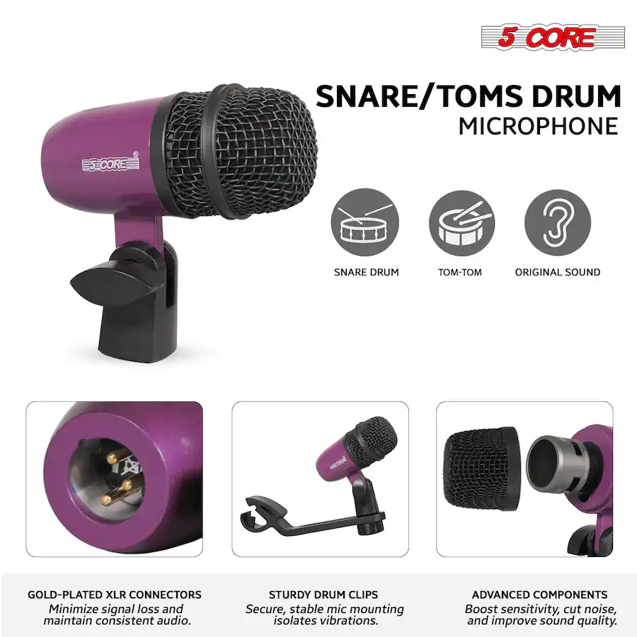 Signal Output Instrument 5 CORE Drum Microphone Kit 9Pc All Metal Drummer Mics Tom/Snare ...