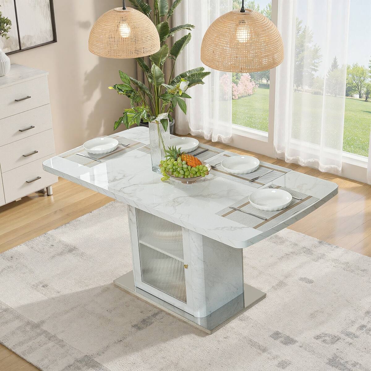 Alt View 4. Loheer - Loheer Extendable Rectangular Dining Table with White Marble Look and Storage Cabinet Base - White.