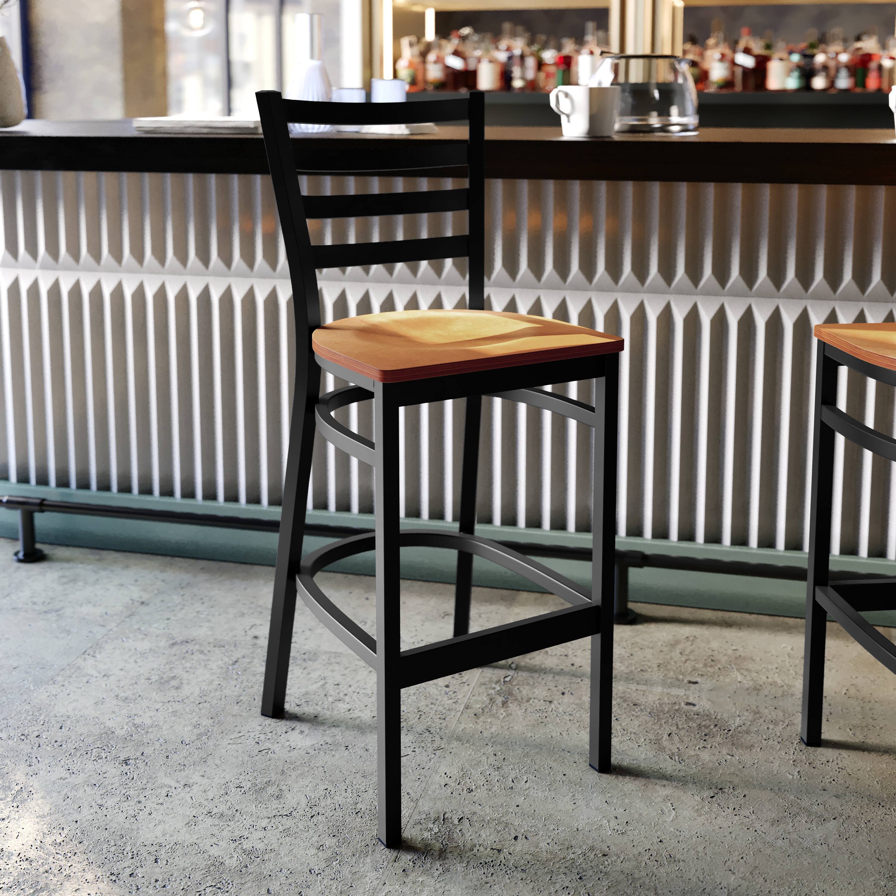 Alt View 1. Flash Furniture - HERCULES Series Black Ladder Back Metal Restaurant Barstool - Natural Wood Seat - Natural.