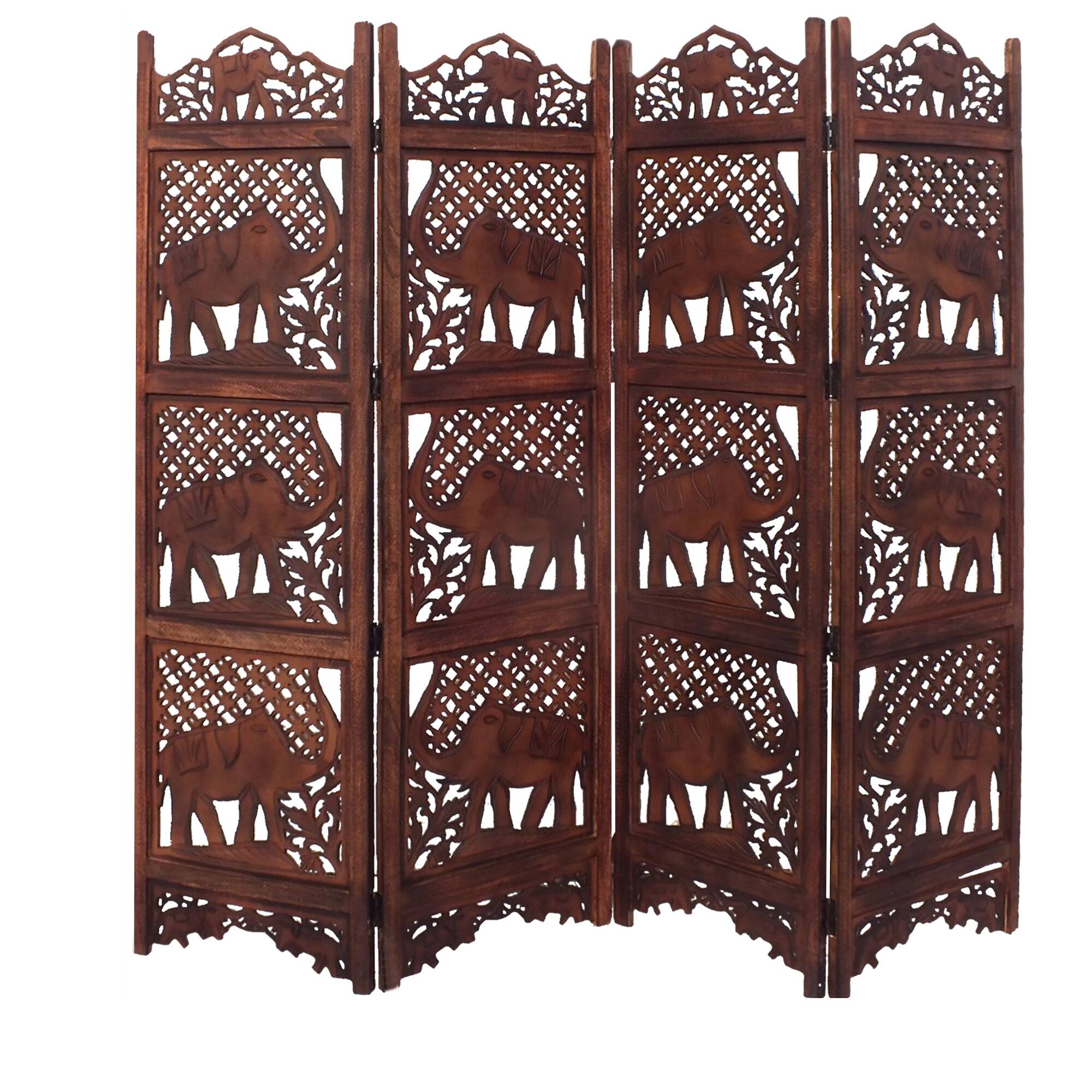 Front. Manhattan Lane - Zofi Hand Carved Elephant Design Foldable 4 Panel Wooden Room Divider - Brown.
