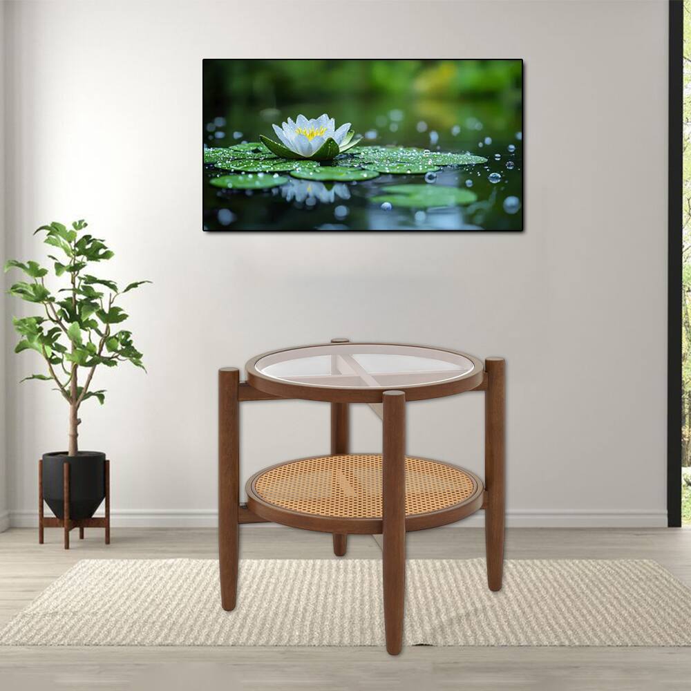 Hivvago - Handcrafted Round Rattan Table with Sturdy Glass Top - Brown