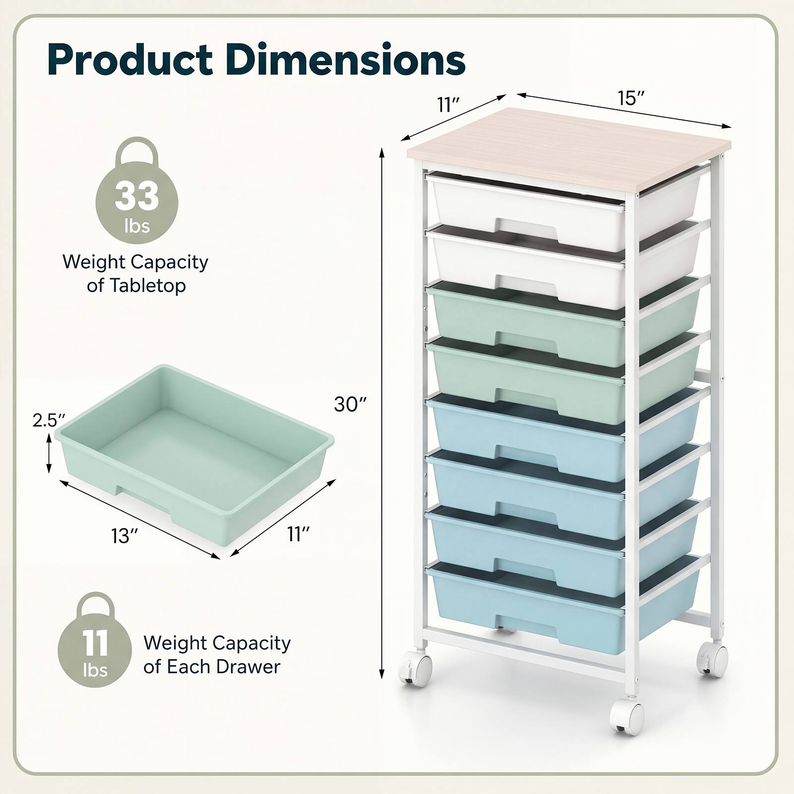 Product Dimensions
11" x 15" x 30"
Weight Capacity of Tabletop: 33 lbs
Weight Capacity of Each Drawer: 11 lbs