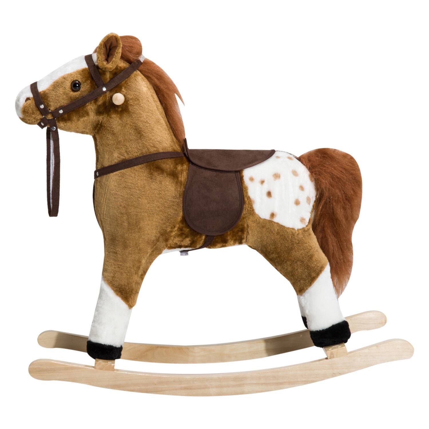 Left. Siljoy - Kids Rocking Horse Plush Toy with Realistic Sounds, 110lb Capacity, Soft Plush, Brown, Ages 3+ - Brown.