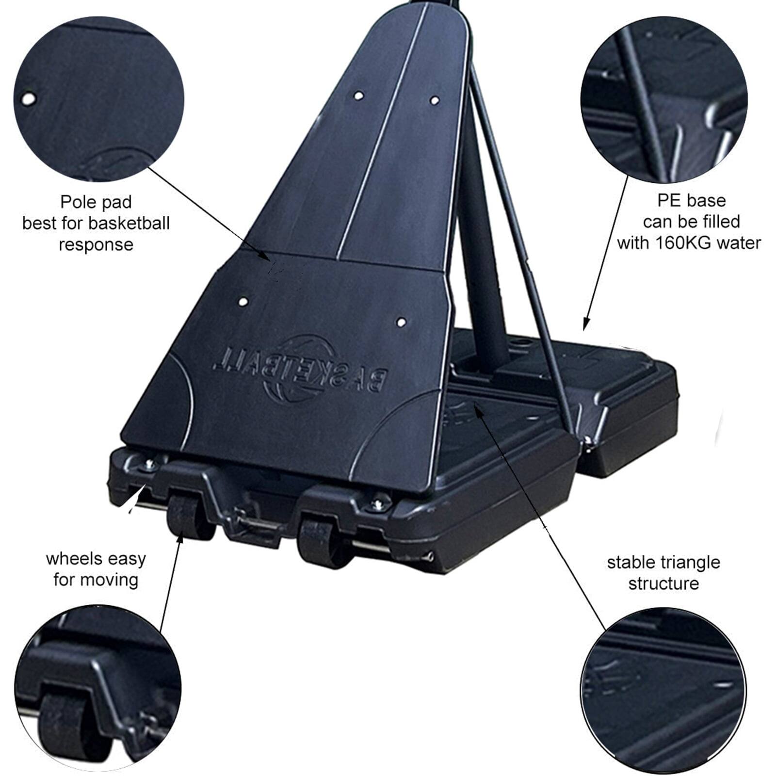 Pole pad best for basketball response  
PE base can be filled with 160KG water  
MARTENEAG 1F wheels easy for moving  
stable triangle structure