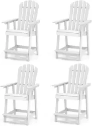 Costway 4 PCS Tall Bar Stool HDPE Patio Chair with Armrest Footrest Home Indoor Outdoor - White - Front_Zoom