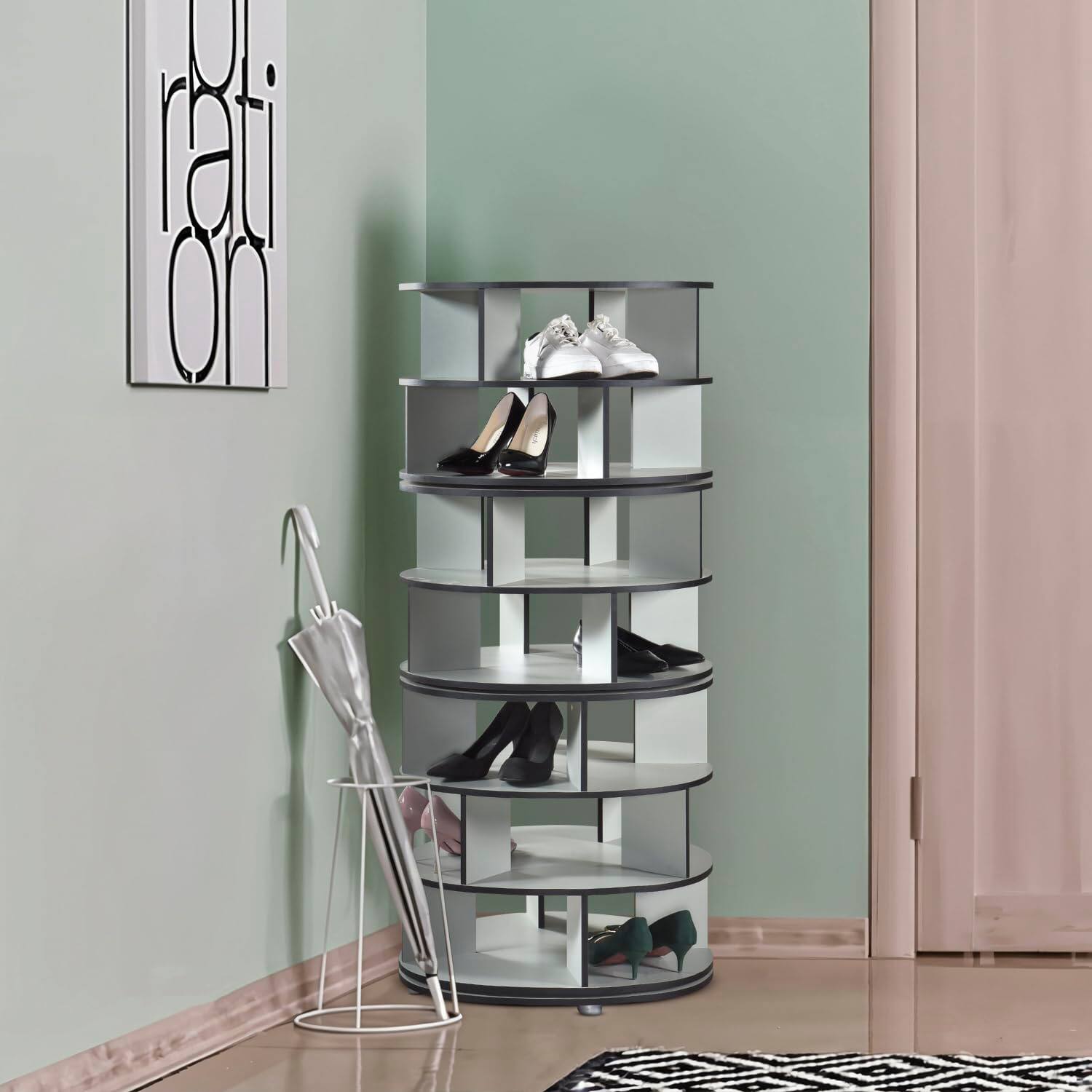 Alt View 5. Kings Brand Furniture - Kings Brand Furniture 7-Tier Rotating Shoe Rack, 360° Revolving Lazy Susan Spinning Shoe Rack Tower Storage Organizer - Green.