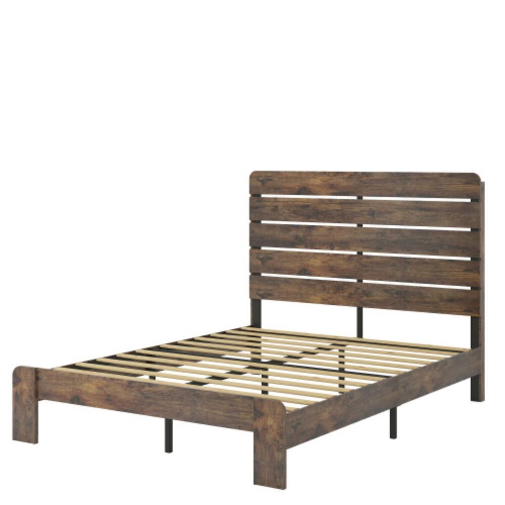 Alt View 1. LUCKY ONE - Queen Size Wood Platform Bed Frame with Metal Frame, Industrial Style, Wood Slats, No Box Spring Needed - Dark Brown.