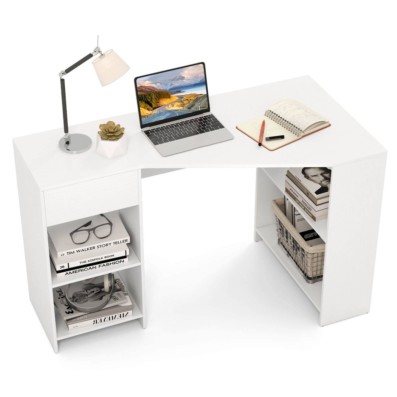 Costway - L Shaped Computer Desk with Drawer & Storage Shelves for Home Office Workstation - White