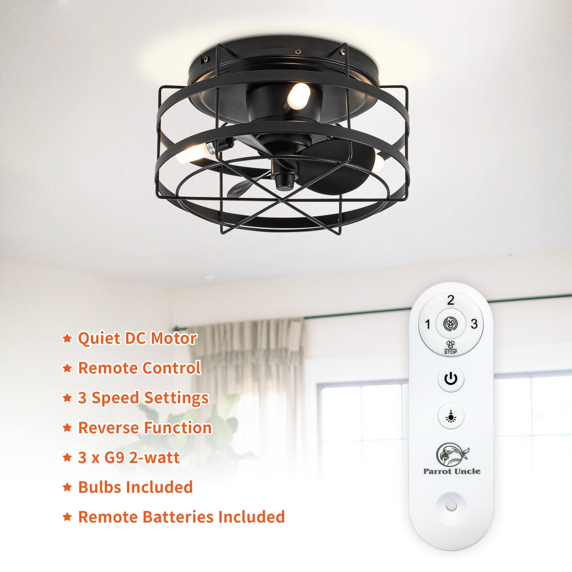 - Quiet DC Motor
- Remote Control
- 3 Speed Settings
- Reverse Function
- 3 x G9 2-watt Bulbs Included
- Remote Batteries Included
