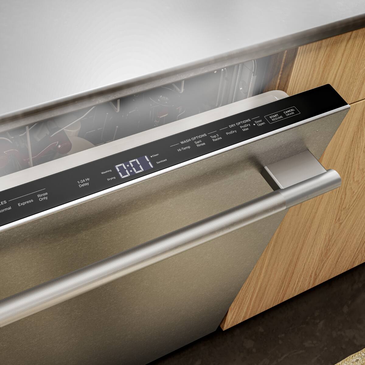 Rinse Only  
ES  
Express  
Normal  
1-24 Hr Delay  
Sanitize  
Wash  
Dry  
0:01  
CANCEL  
DRY  
START  
PAUSE  
DRY OPTIONS  
ProDry  
HiTemp  
ProDry  
HiTemp  
WASH OPTIONS  
Top 2 Racks  
Normal  
HiTemp  
Rinse Only  
Delay