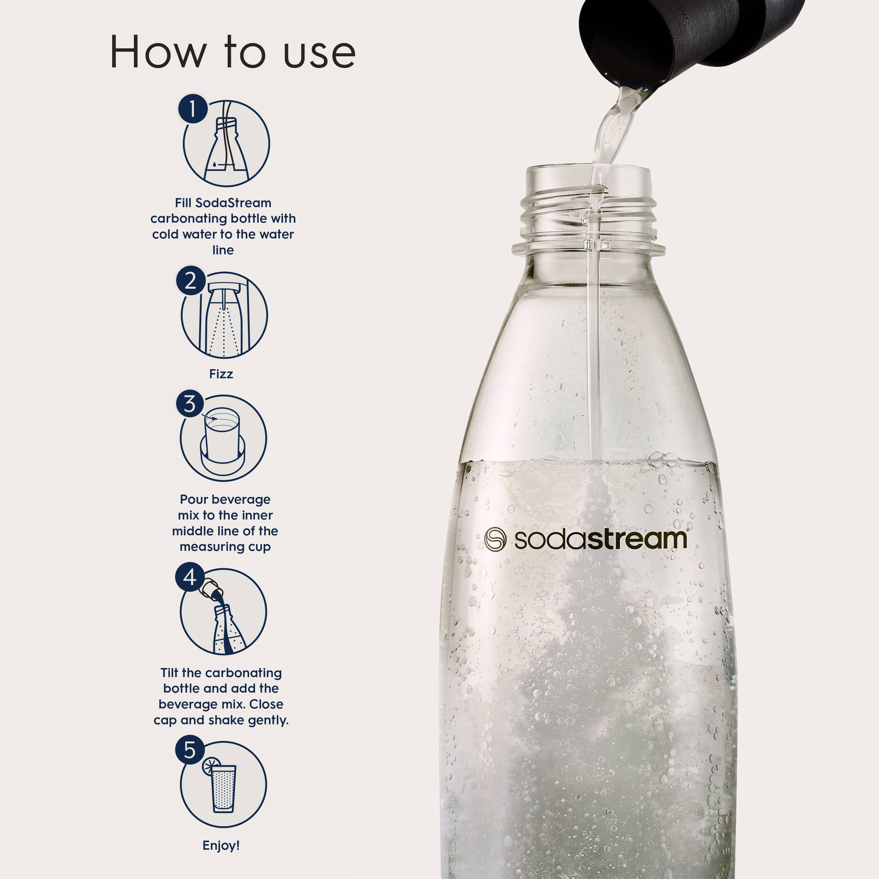 How to use SodaStream:

1. Fill the SodaStream carbonating bottle with cold water to the water line.
2. Fizz: Pour the beverage mix to the inner middle line of the measuring cup.
3. Pour the beverage mix to the inner middle line of the measuring cup.
4. SodaStream: Tilt the carbonating bottle and add the beverage mix. Close the cap and shake gently.
5. Enjoy!