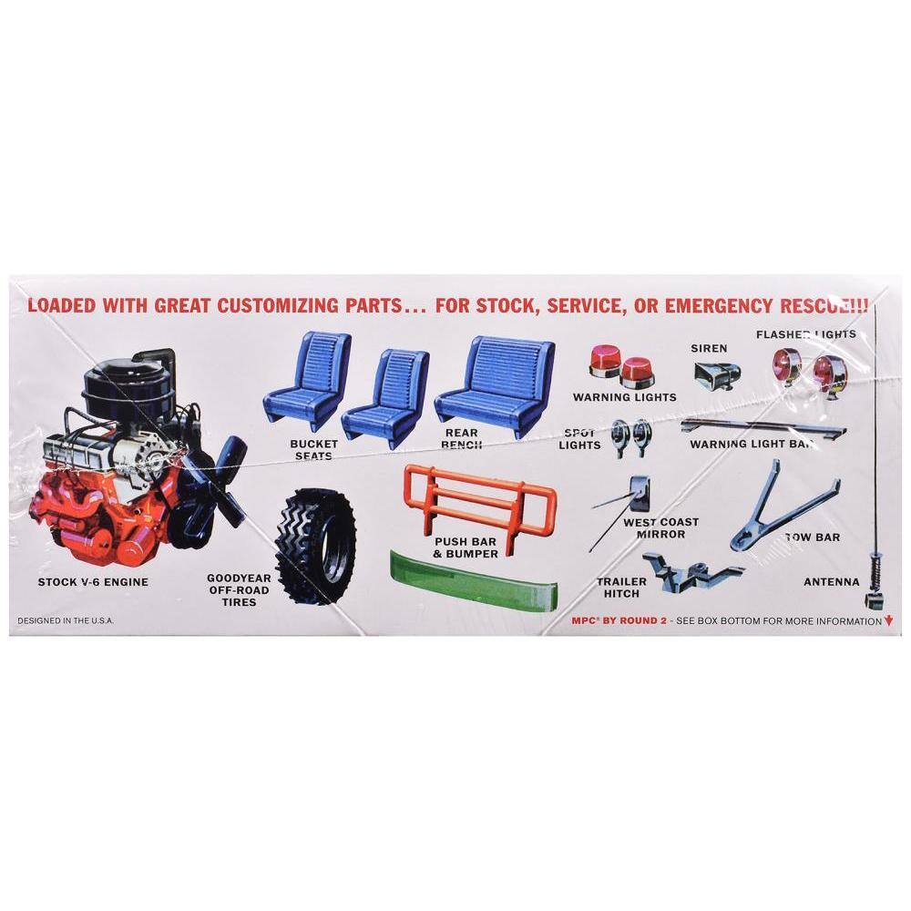 Sure, here is the corrected and grouped text from the image:

---

**LOADED WITH GREAT CUSTOMIZING PARTS... FOR STOCK, SERVICE, OR EMERGENCY RESCUE!!!**

- **STOCK V-6 ENGINE**
- **GOOD YEAR OFF-ROAD TIRES**
- **TRAILER HITCH**
- **ANTENNA**
- **BUCKET SEATS**
- **REAR BENCH SEATS**
- **PUSH BAR & BUMPER**
- **WEST COAST MIRROR**
- **TOW BAR**
- **SIREN**
- **WARNING LIGHTS**
- **SPOT LIGHTS**
- **WARNING LIGHT BA.**
- **FLASHER LIGHTS**

**DESIGNED IN THE U.S.A**

**MPC BY ROUND 2 - SEE BOX BOTTOM FOR MORE INFORMATION**

---