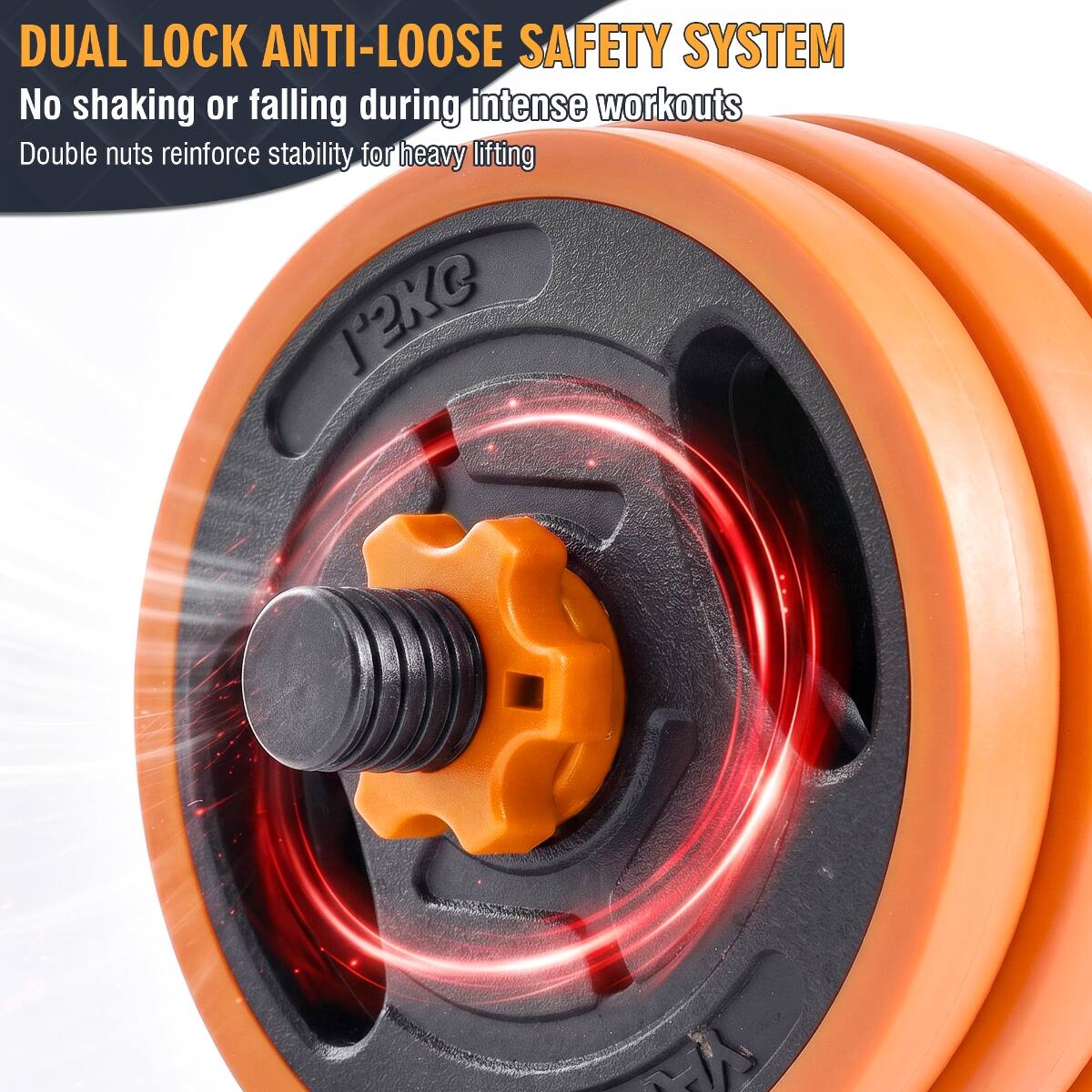 DUAL LOCK ANTI-LOOSE SAFETY SYSTEM  
No shaking or falling during intense workouts  
Double nuts reinforce stability for heavy lifting  
J2KC