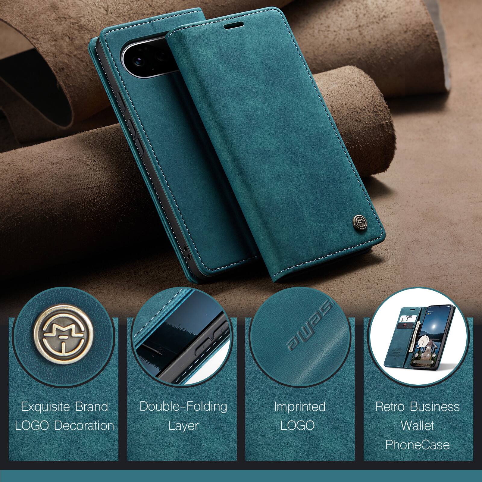 Exquisite Brand Double-Folding LOGO Decoration Layer  
Imprinted LOGO  
Retro Business Wallet Phone Case