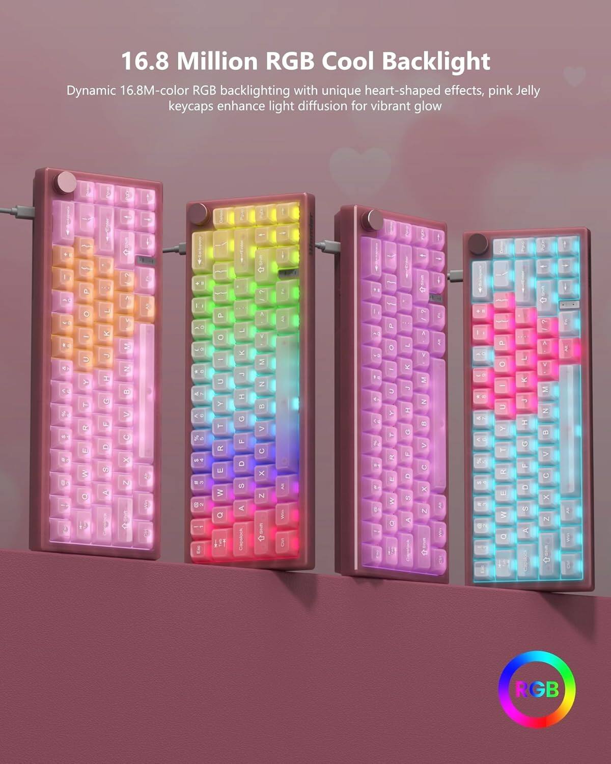 16.8 Million RGB Cool Backlight

Dynamic 16.8M-color RGB backlighting with unique heart-shaped effects, pink Jelly keycaps enhance light diffusion for vibrant glow