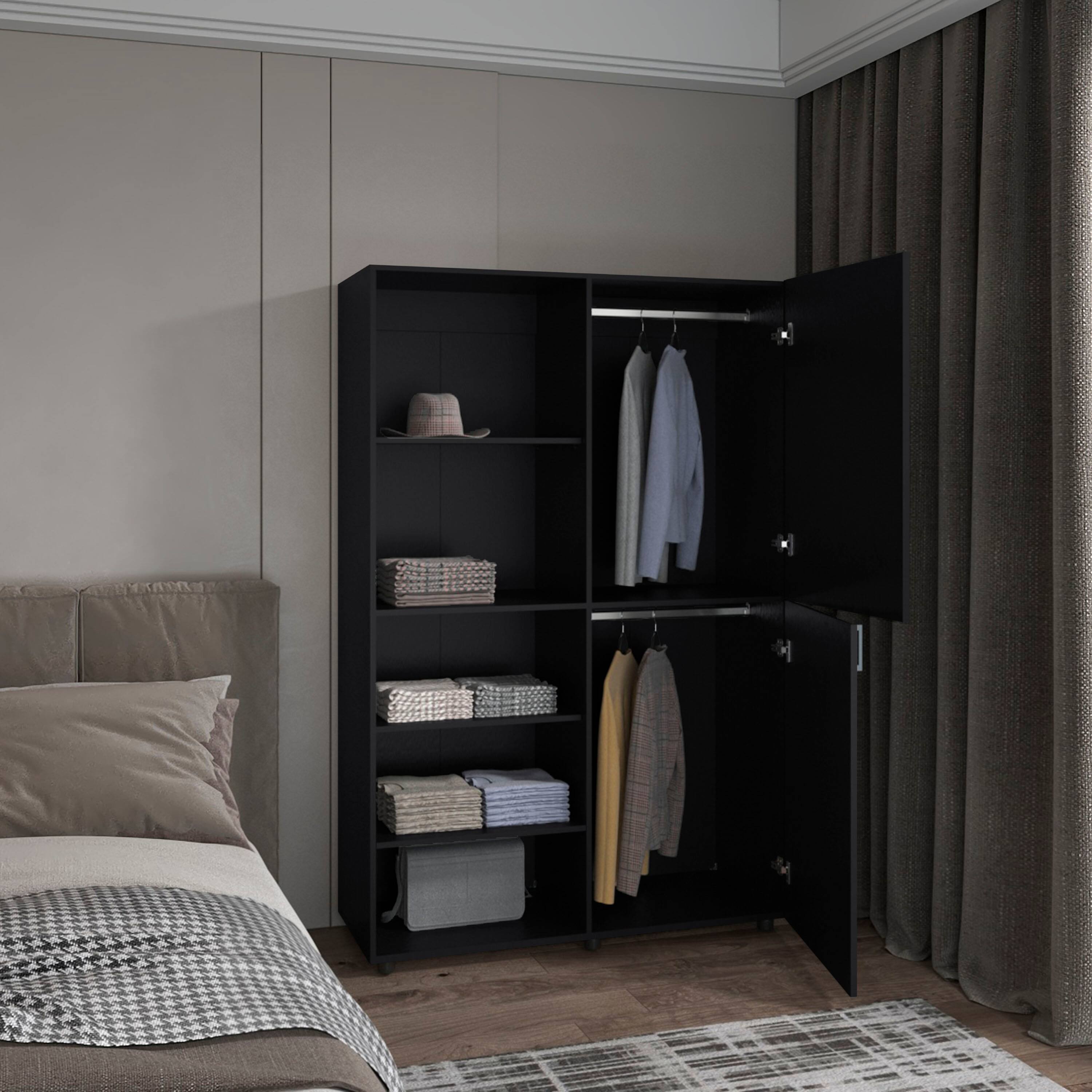 Back. TuHome - Eco High One Door Freestanding Armoire With Hanging Rod And Interior Shelves, Compact Bedroom Wardrobe - Black.