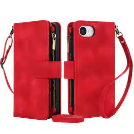 Dteck - RFID Blocking Zipper Wallet Pocket 9 Cards For Apple iPhone 16e/17e PU Leather Stand Crossbody Strap Cover - Red