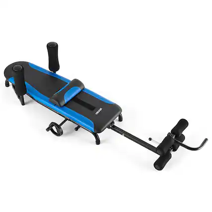 Front. VEVOR - Inversion Table, 350 lbs Capacity Heavy Duty Back Inverter Stretcher, Inverted Table with Stable Structure, Adjustable - Blue and Black Back Pad, Black Frame.