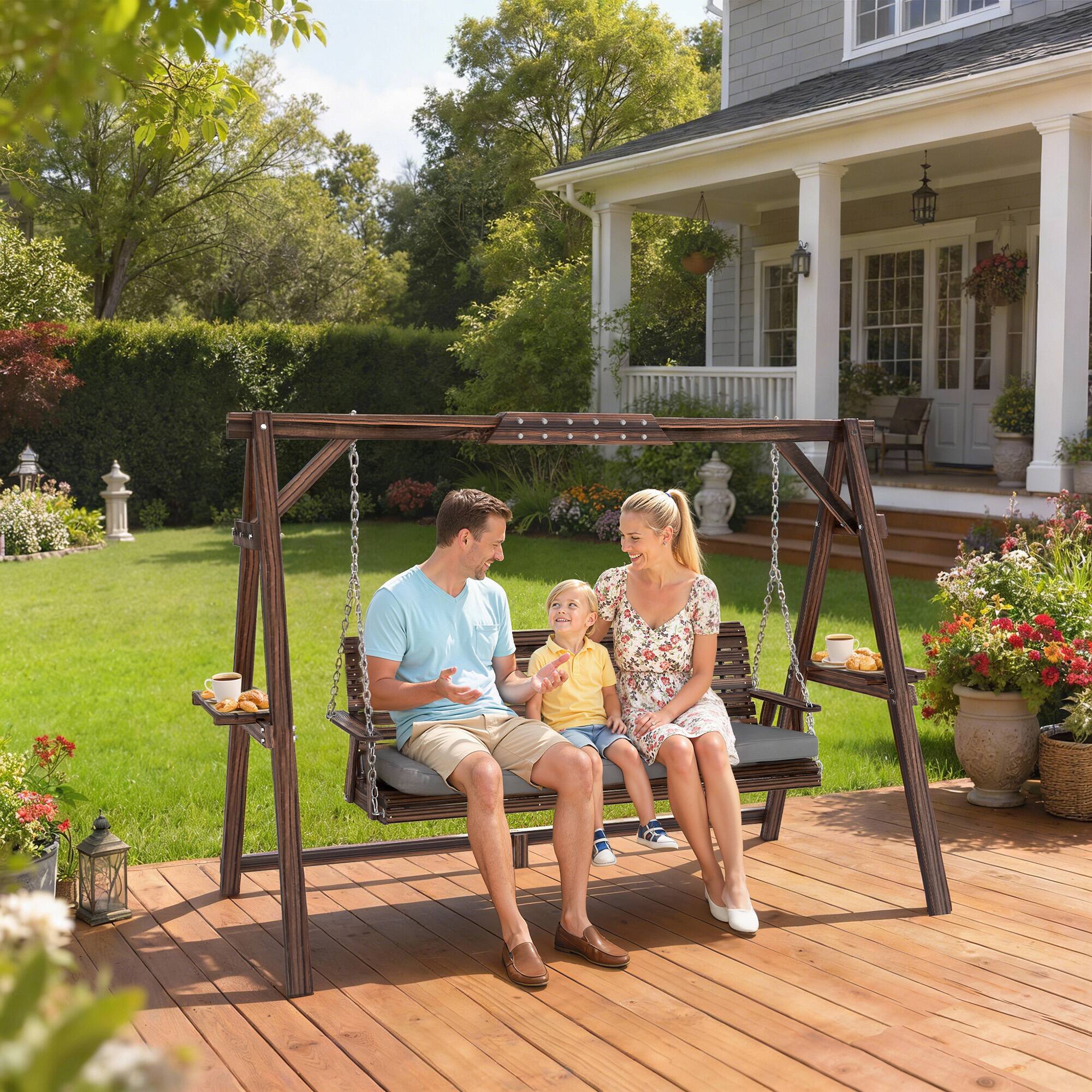 Alt View 1. Outsunny - 3 Seat Porch Swing with Stand, Wooden Patio Swing Chair with Cushion, Side Trays and Metal Chains.